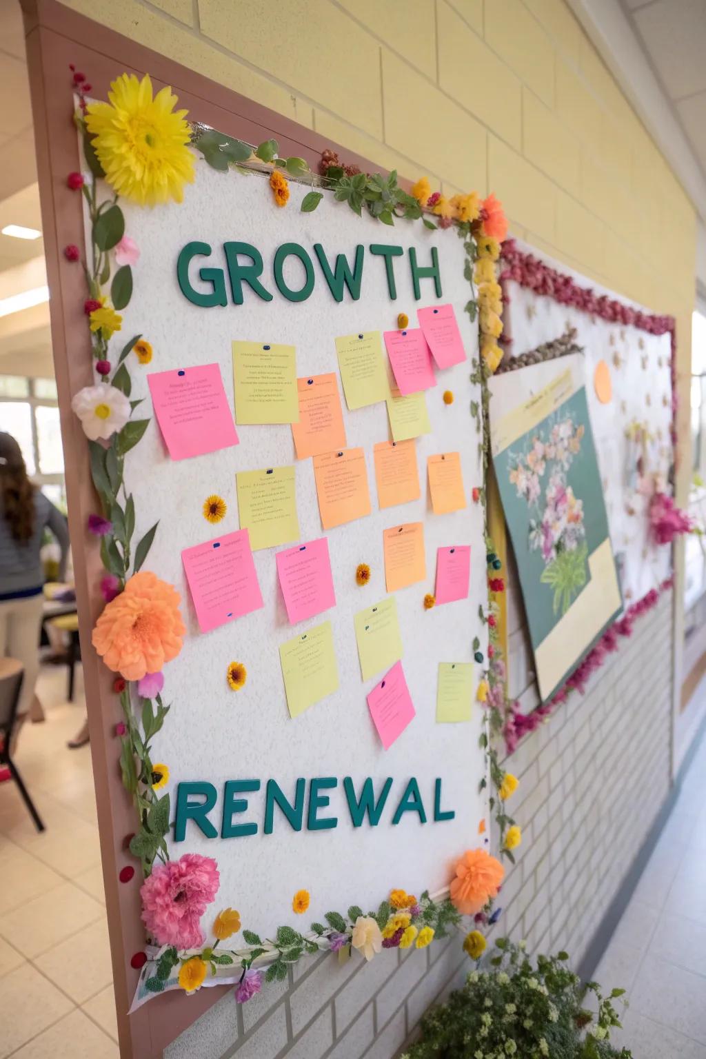 A seasonal-themed pinboard accentuating inspirational sayings about evolution and revitalization.