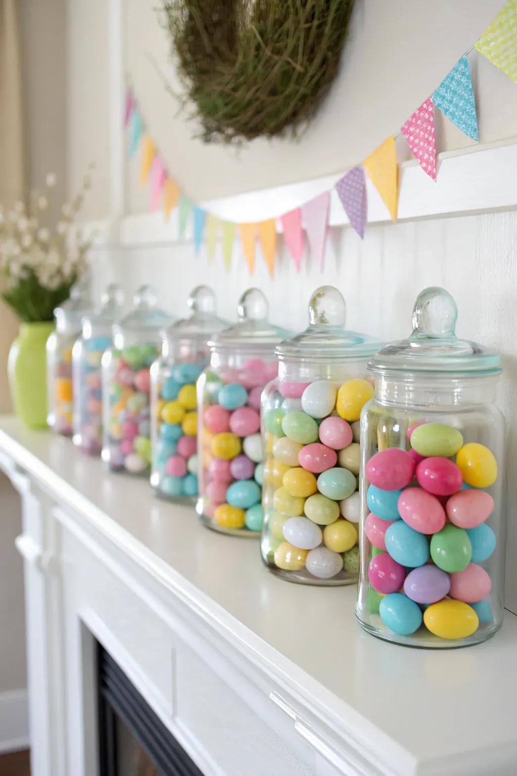 Fill your mantel with containers showcasing vibrant Easter eggs.