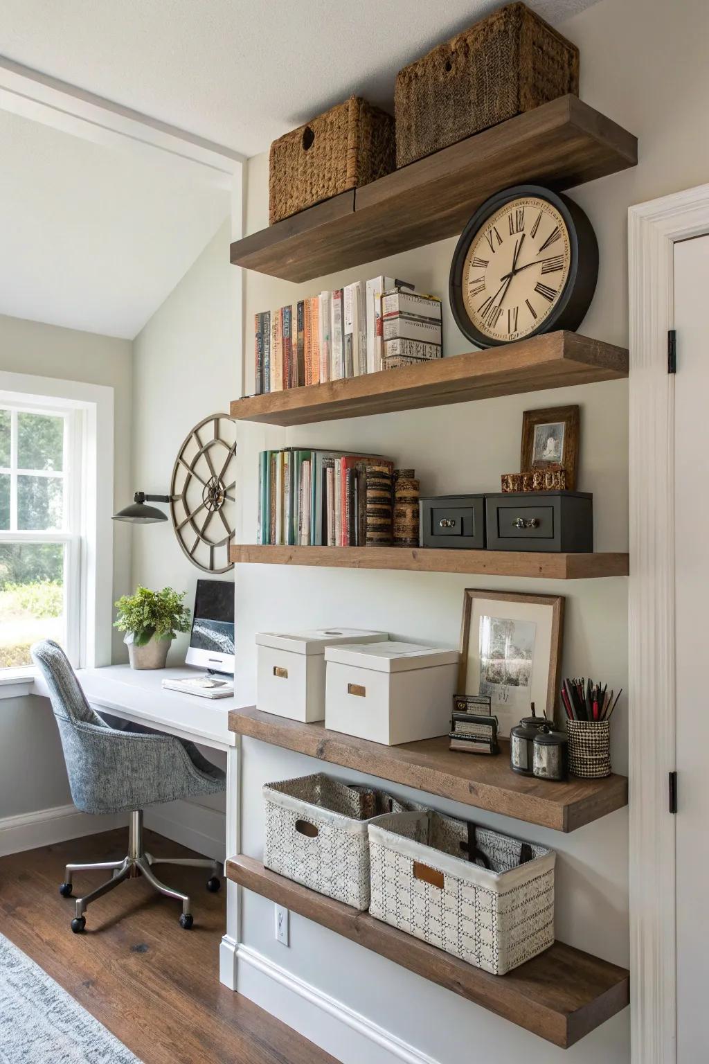 Efficient and chic work area configuration with tiered shelving.