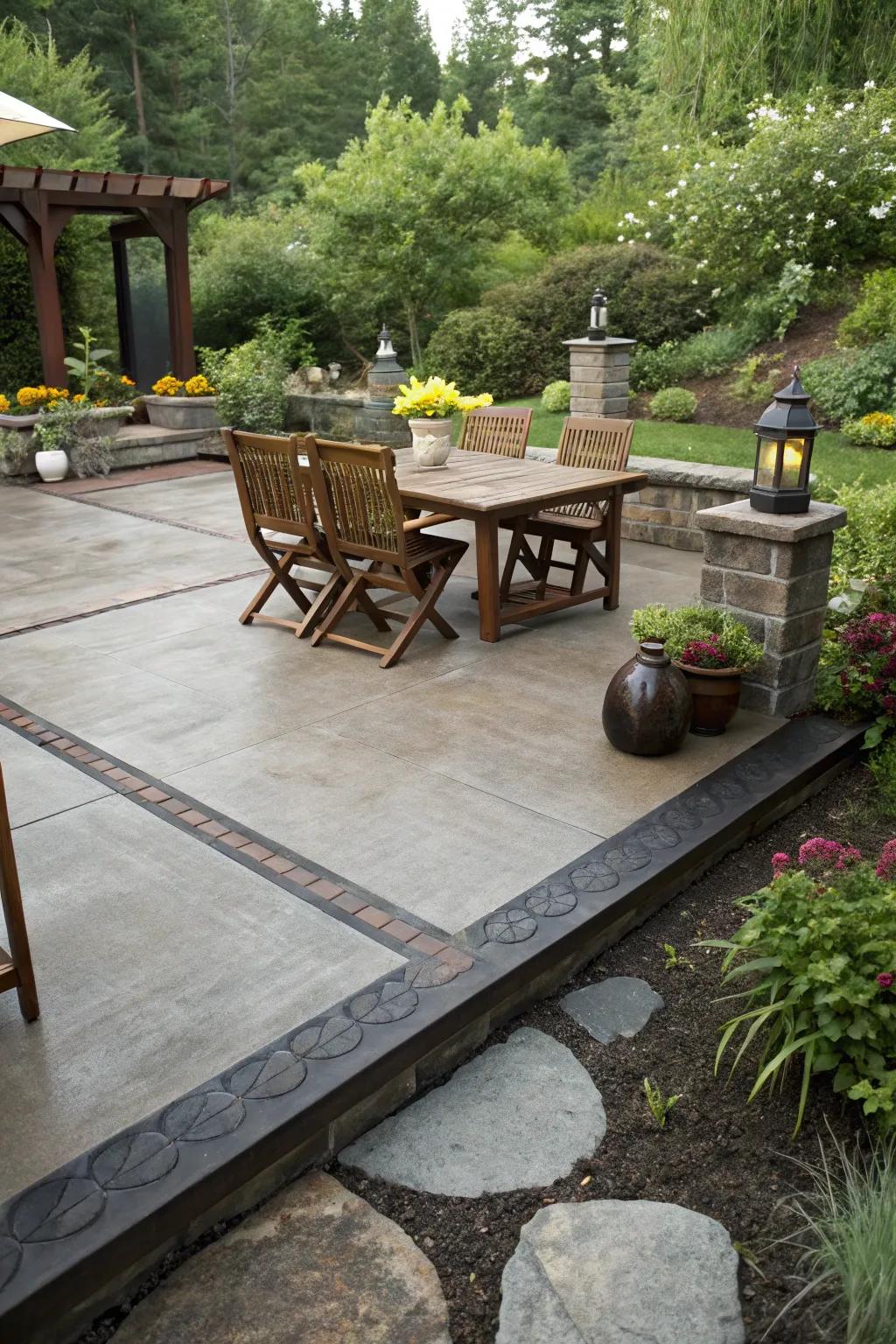 A concrete patio featuring a distinct dark border for an elegant aesthetic.