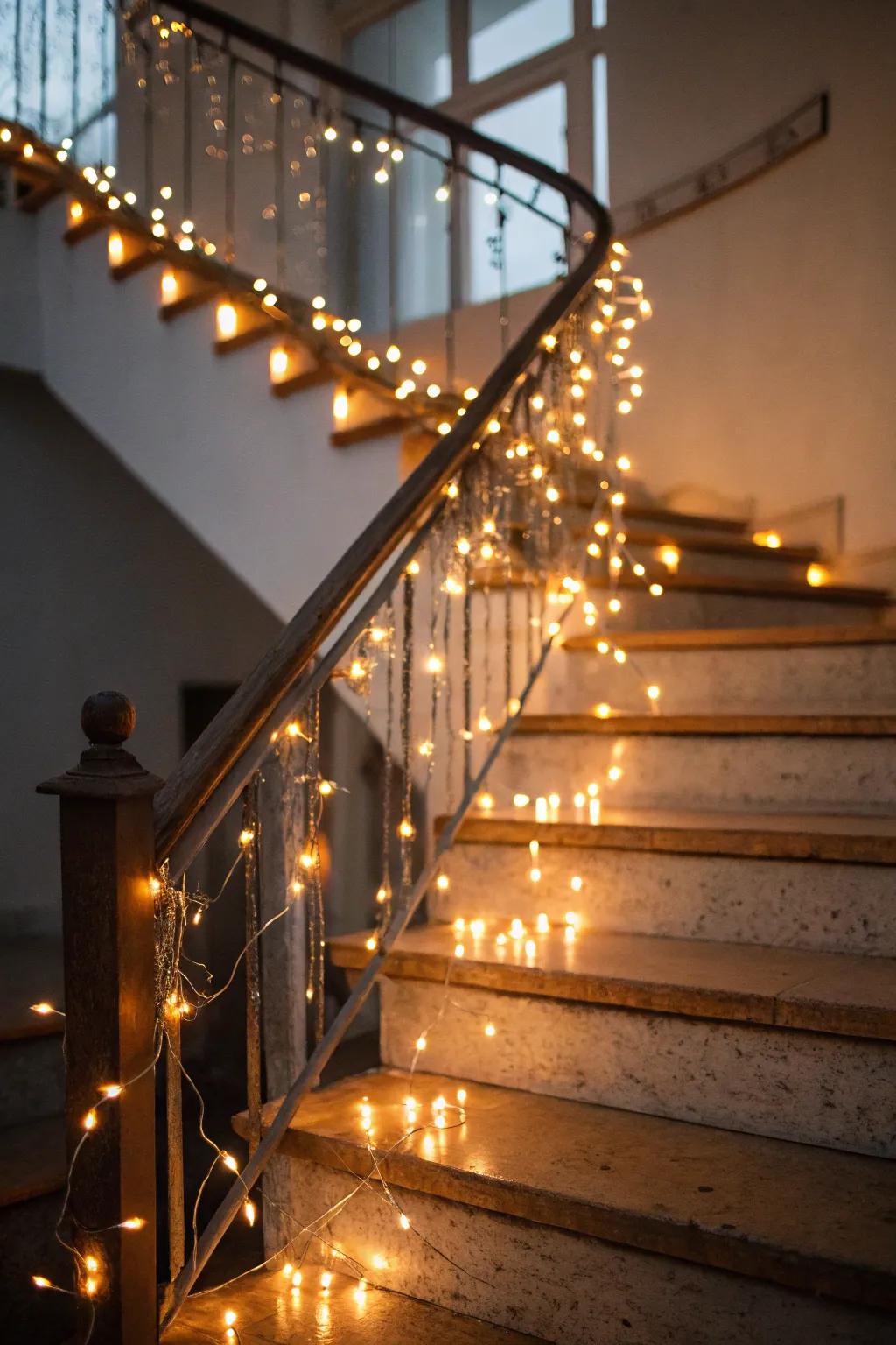 A staircase aglow with radiant shimmering lights.