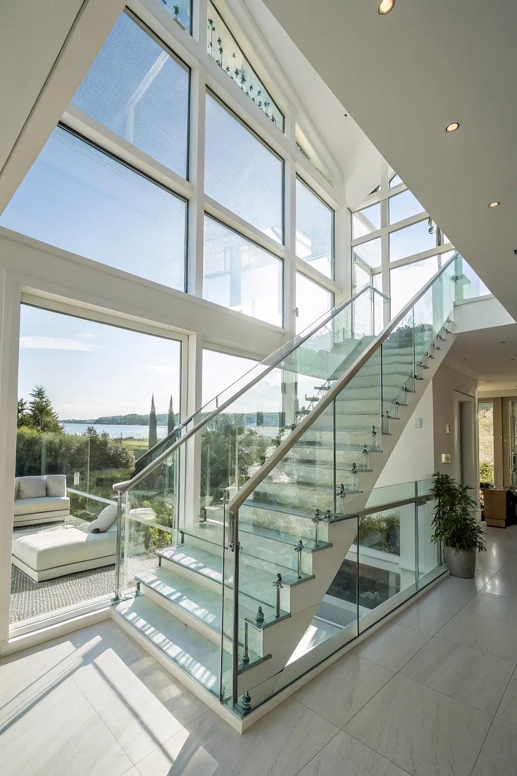 Translucent paneling permits heightened illumination to pass throughout this refined stairwell.