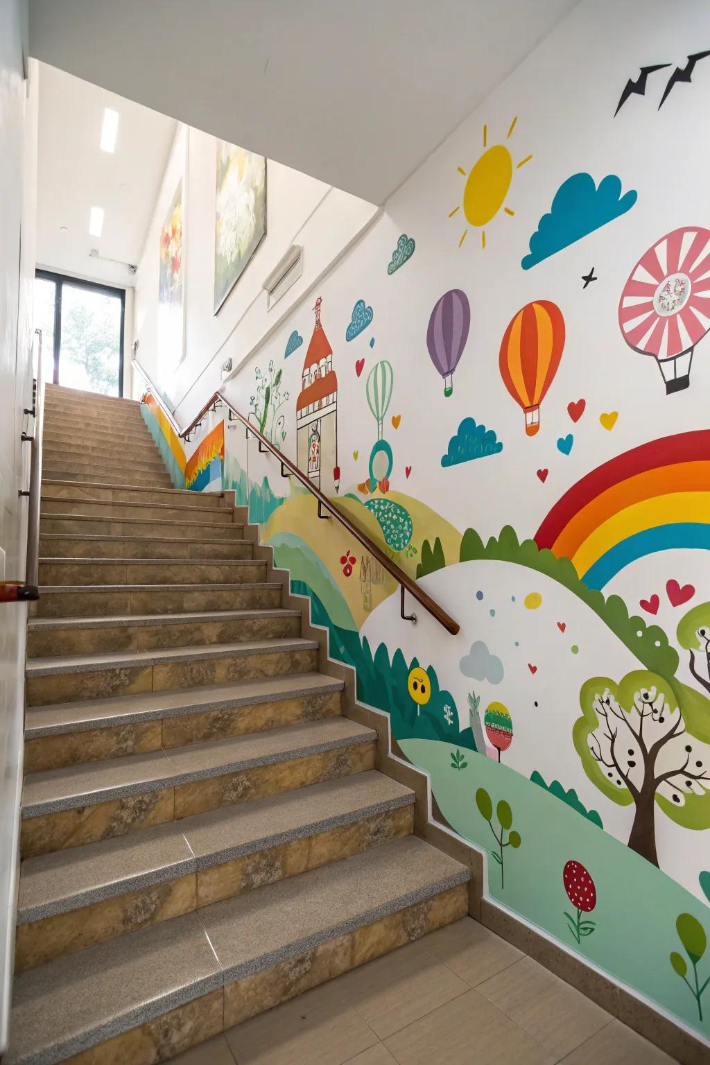 Wall decals contribute a spirited and fanciful element to staircase walls.