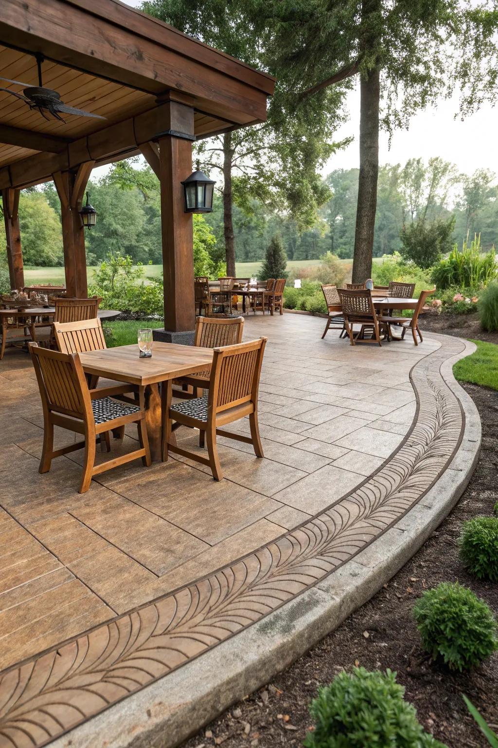 Country-style relaxation spot featuring a wood grain stamped concrete edge