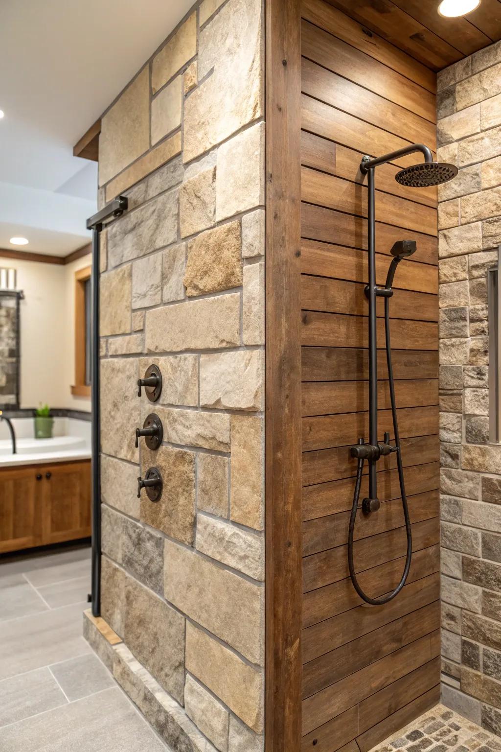 Material blending crafts a luxurious and tactile shower atmosphere.