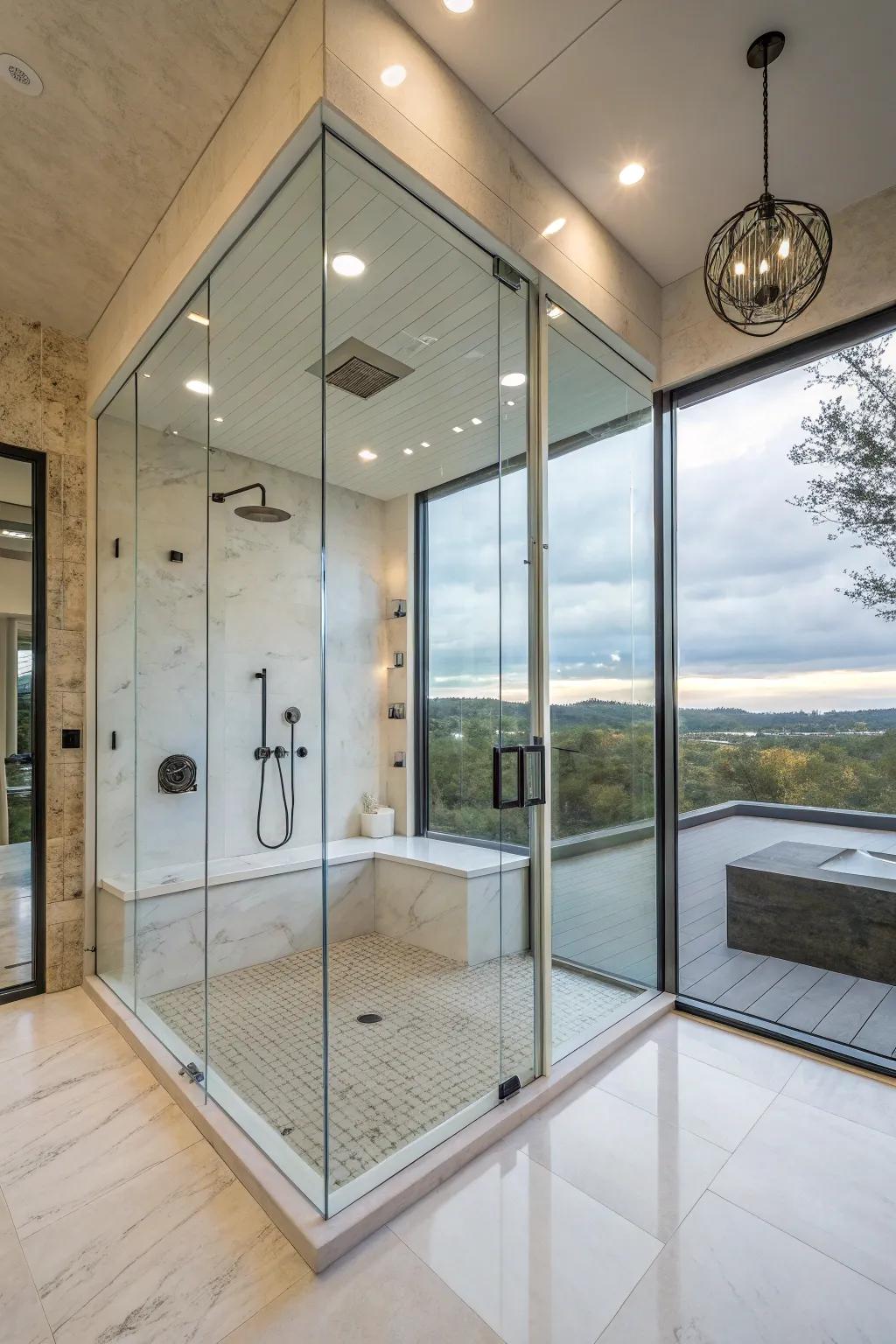 A large glass section develops a feeling of openness and luxury.