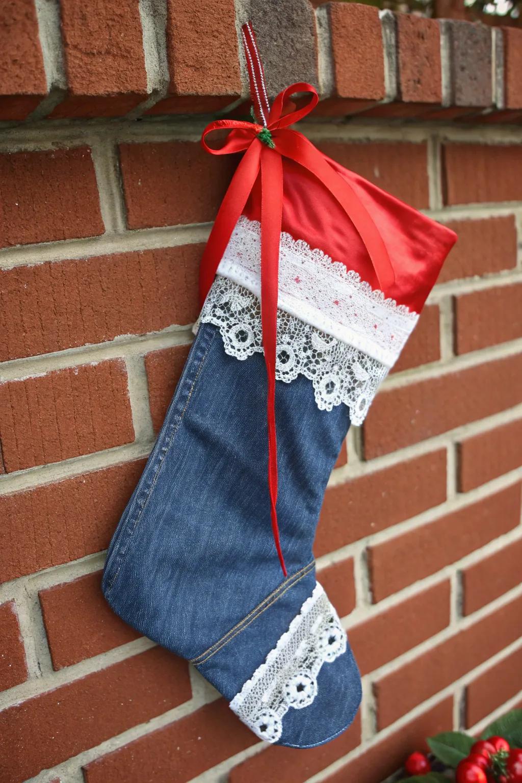 Denim stockings deliver a fashionable, modern aesthetic.