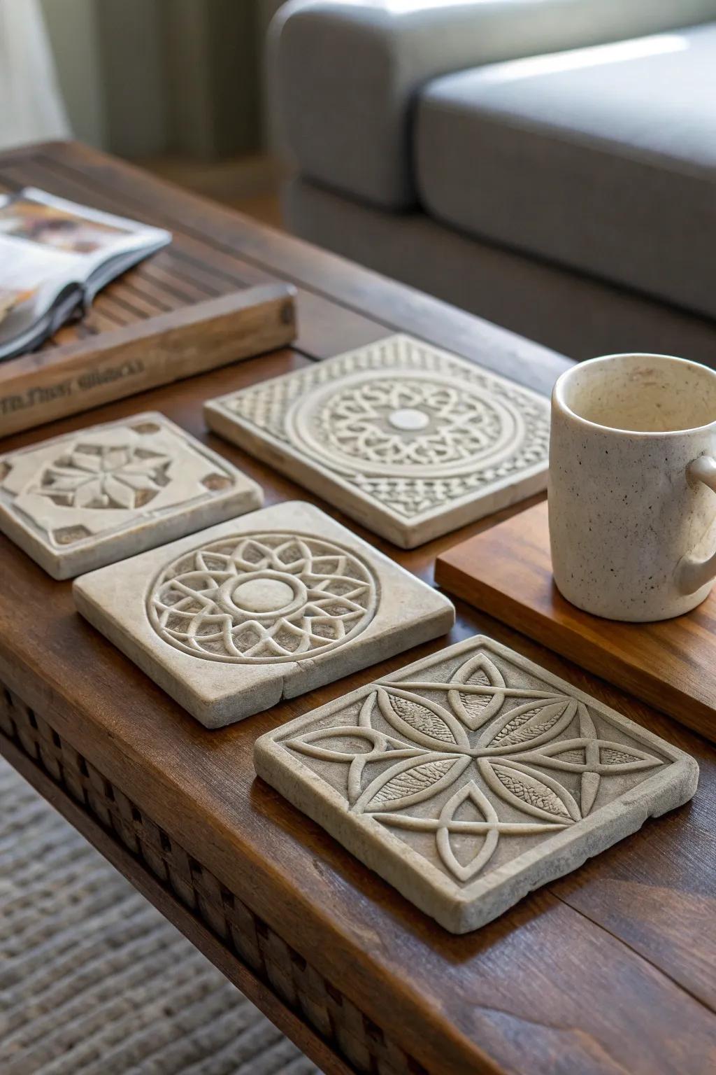 Chic handcrafted stone coasters adorned with geometric designs.