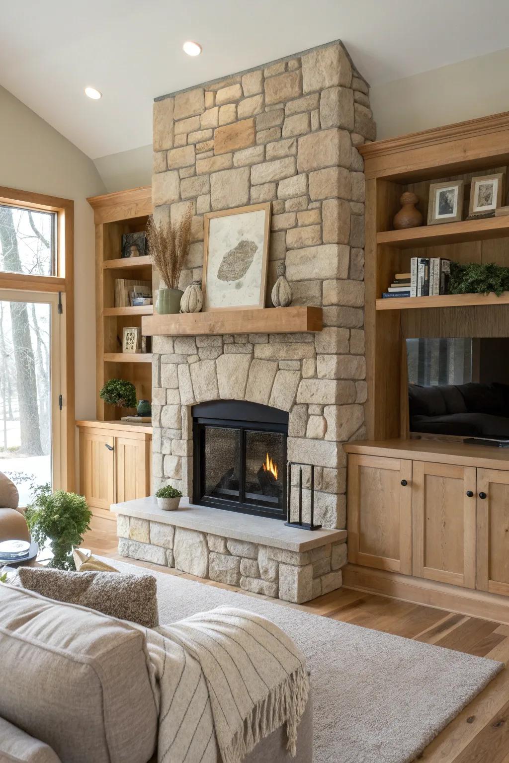 Unite function and beauty using integrated shelves framing your cozy masonry hearth. #ShelvingDesign #FireplaceLove