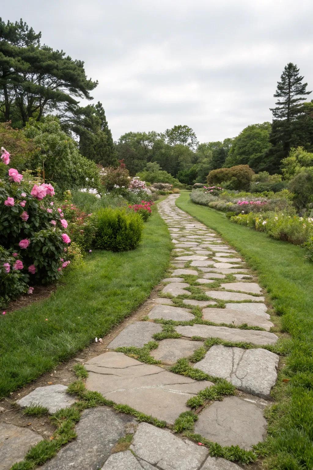 Turf amongst stones makes a harmonious combination of nature and blueprint.