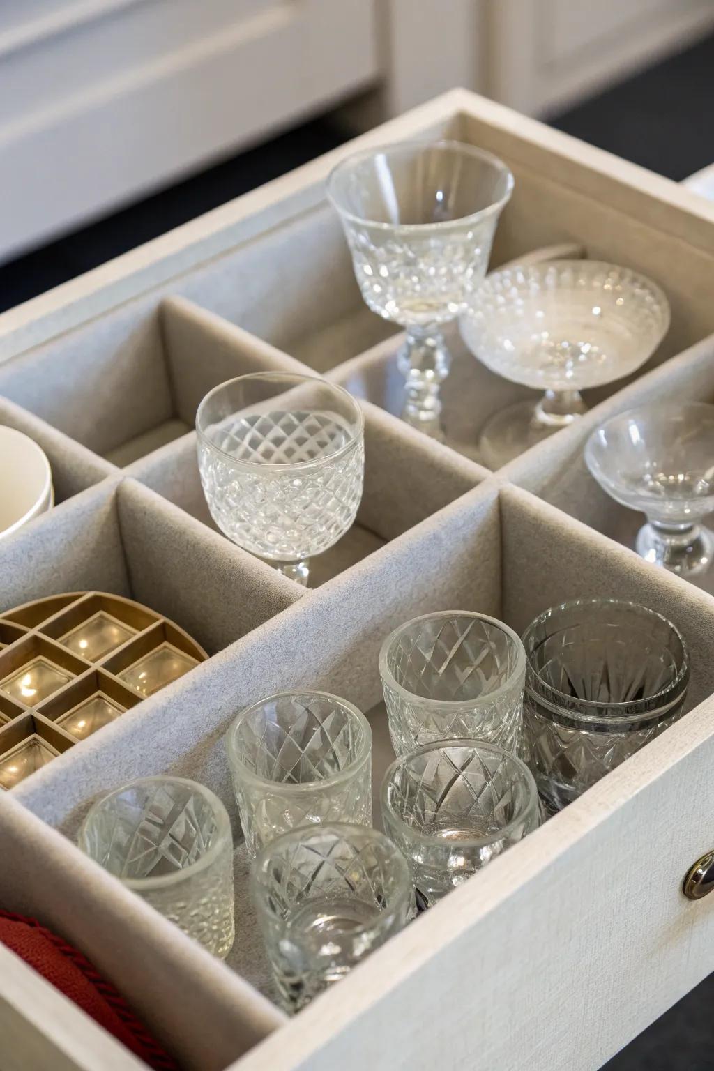 Sectioned containers ensure safe storage for fragile glassware.