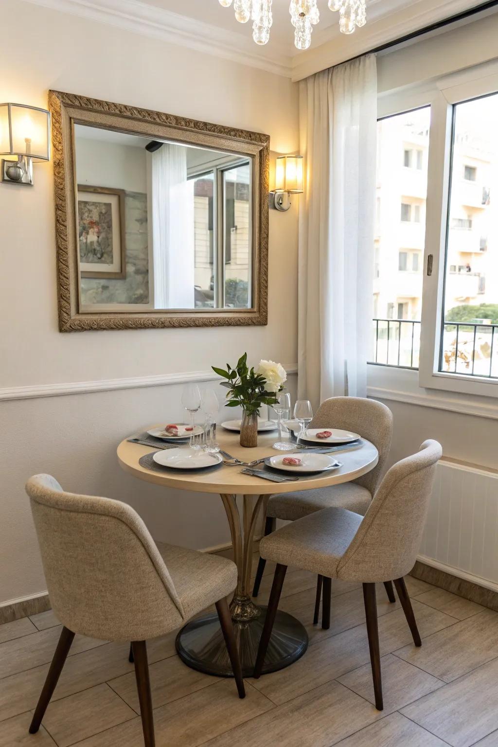 Mirrors can significantly open up a small dining space.