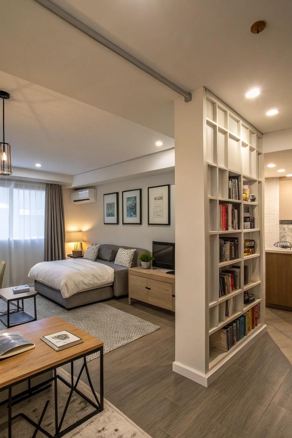 A segment wall divides area while upholding an open ambiance.