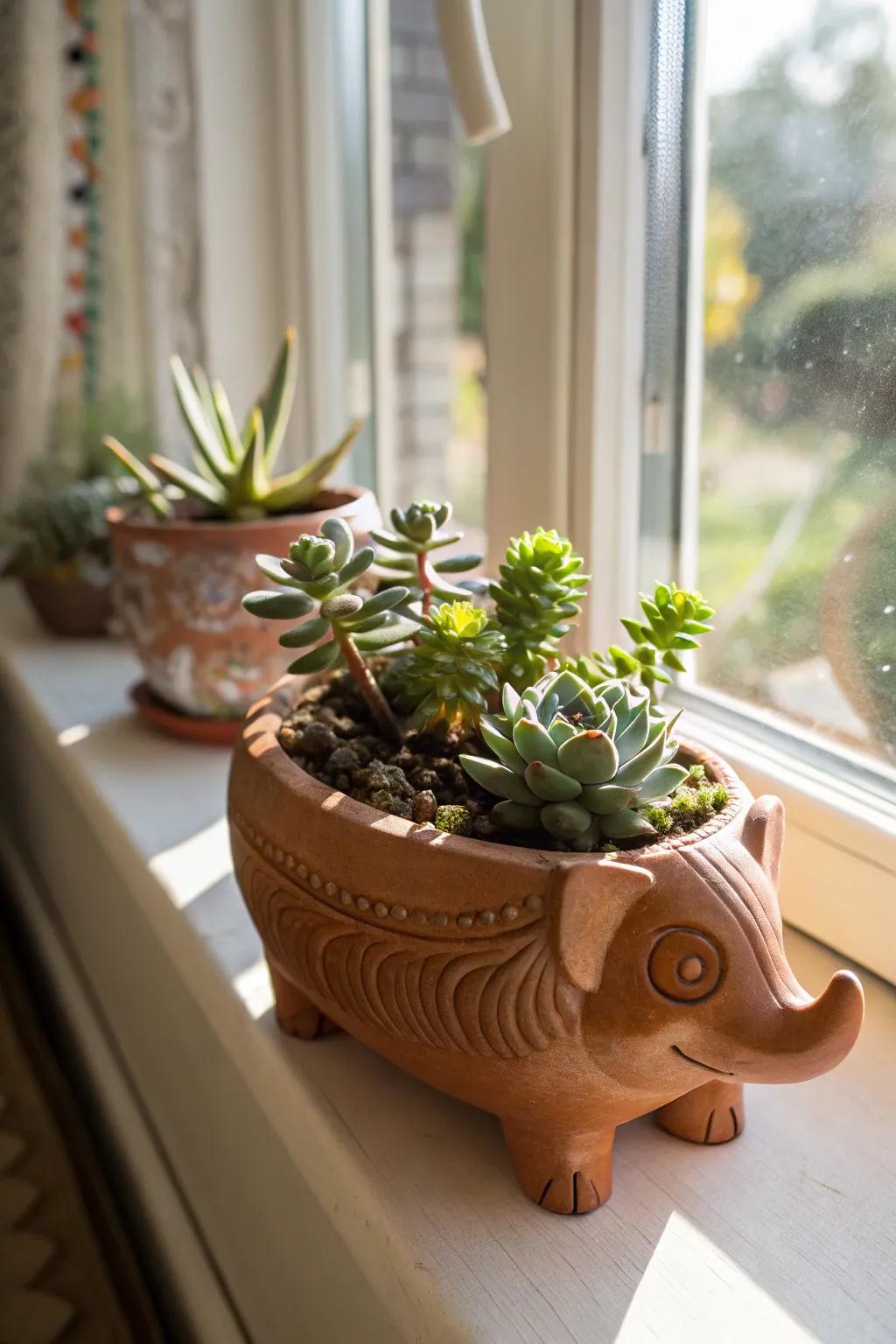 A spirited planter shaped like a creature, brimming with succulents.