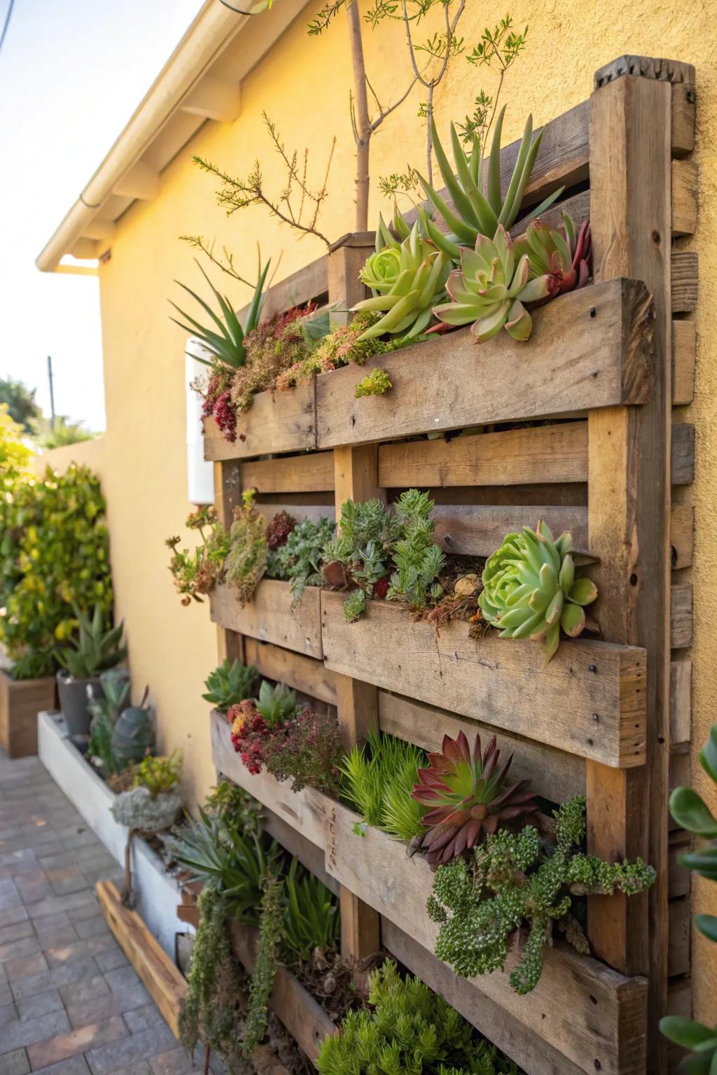 An inventive ascending space utilizing a timber skids to exhibit succulents.