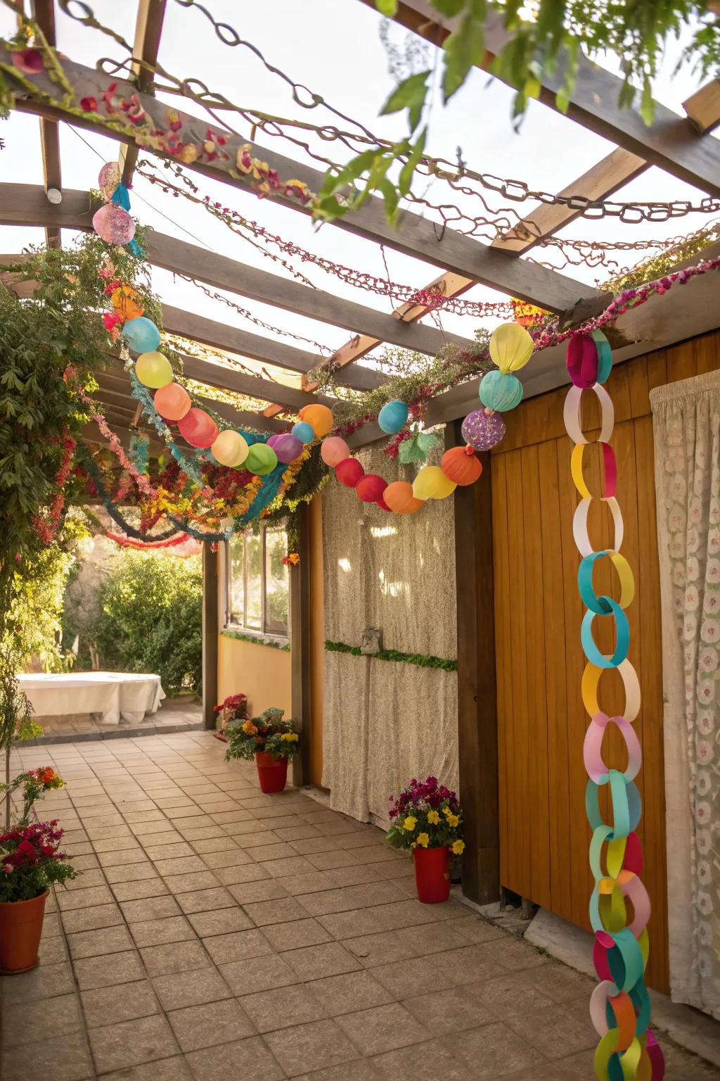 A lively sukkah adorned with vibrant paper swags.