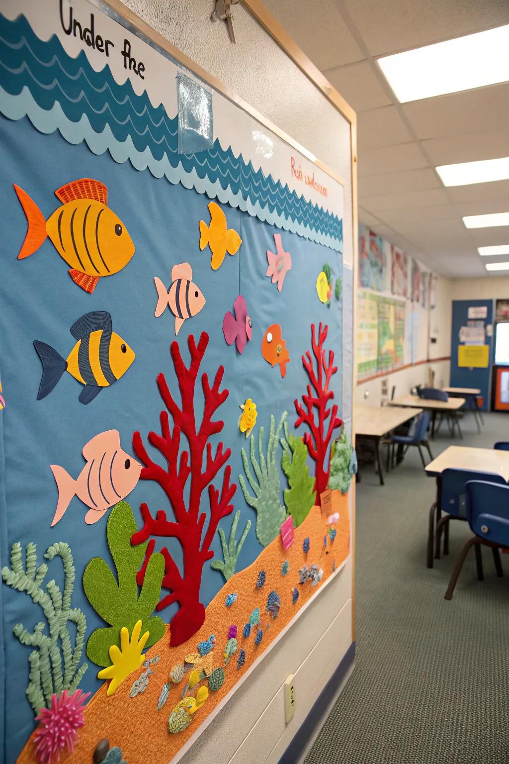 An under the sea-themed bulletin board overflowing with marine life.