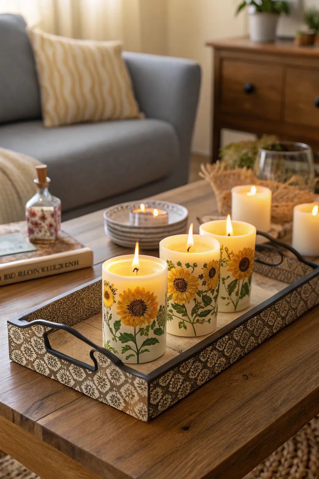 Sunny bloom-scented candles setting a cozy atmosphere.