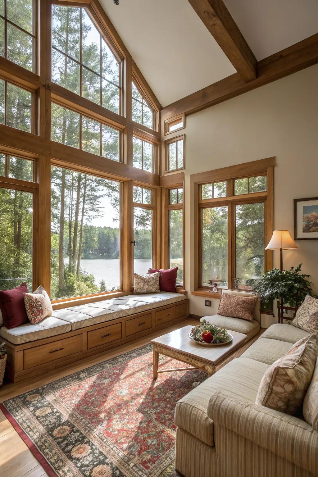 A sunken living room with large windows and natural light.