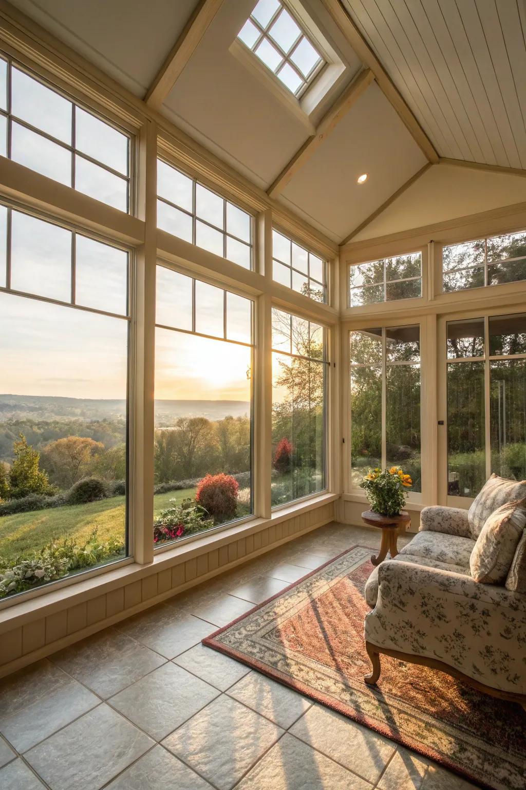Top-to-bottom windows maximize sunlight within your sunroom.