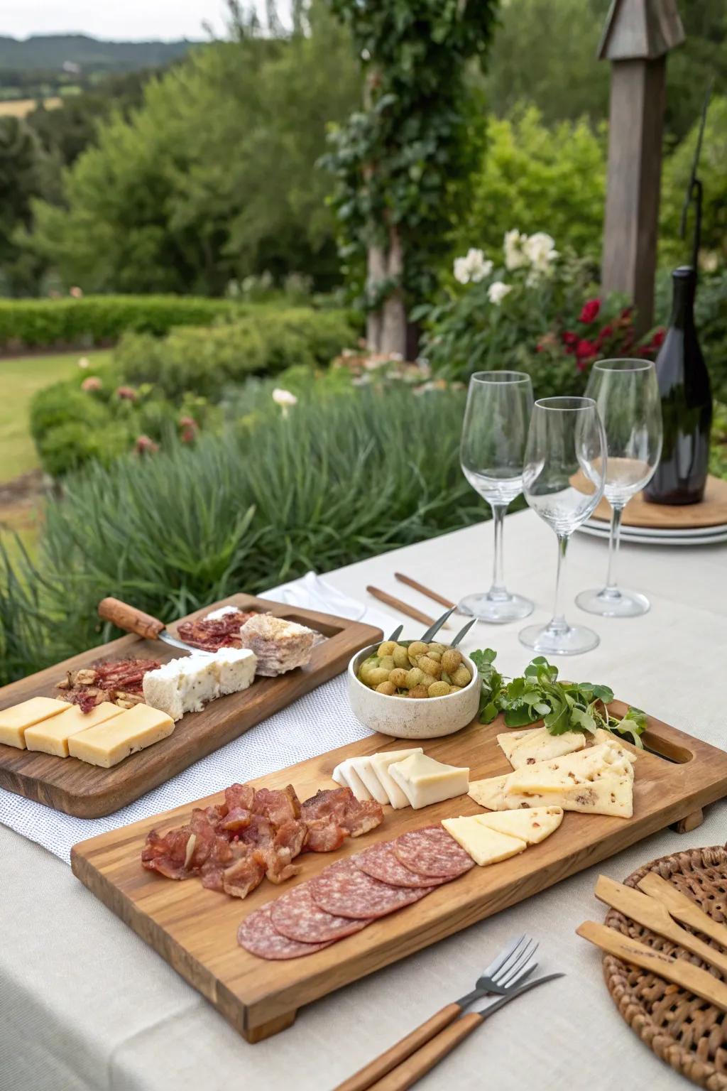 Wooden serving planks contribute a hint of rustic elegance to barbecue demonstrations.