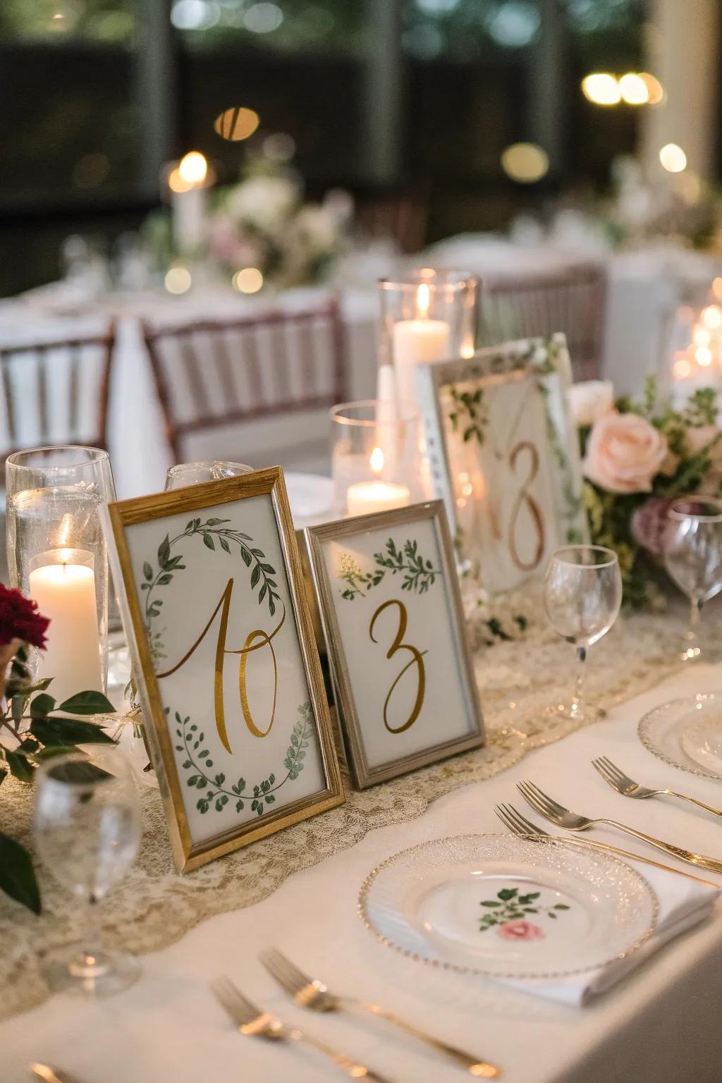 Scripted encased panes contribute a timeless elegance to your tables.