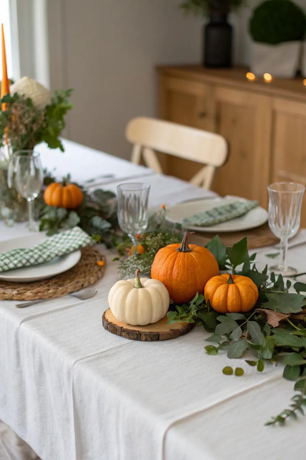 Seasonal embellishments such as gourds and greenery contribute charm to the table.
