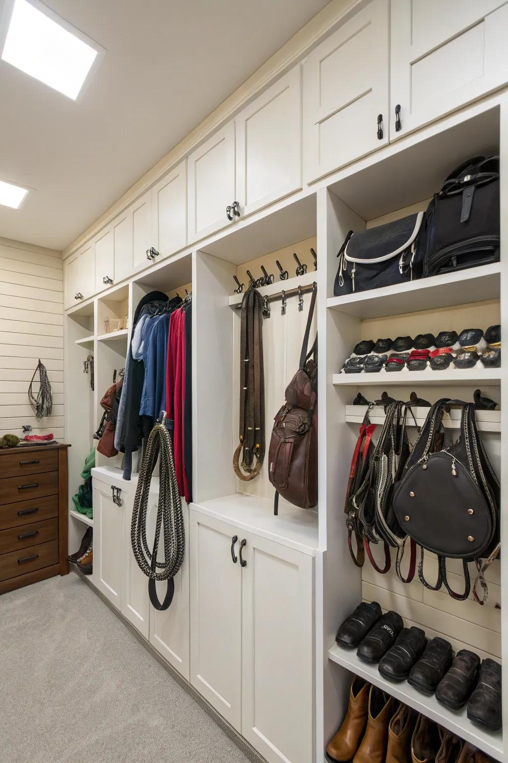 Practical decor in a tack room that maximizes vertical storage.