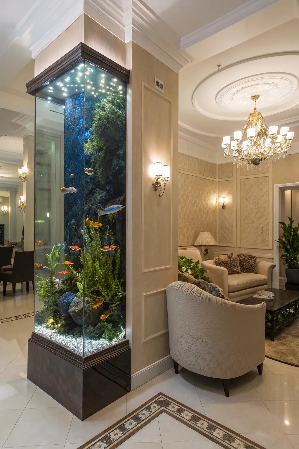 A towering aquarium making a bold assertion within a room's recess.