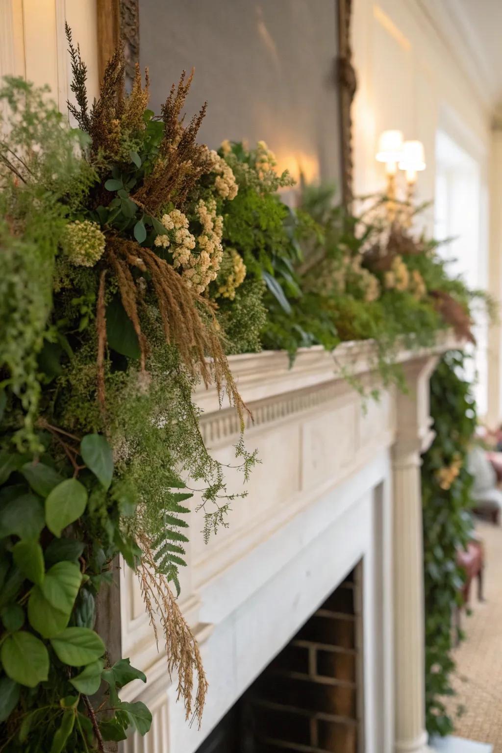 A high mantel decorated with organic components, encompassing verdure and flowers that have been dehydrated.
