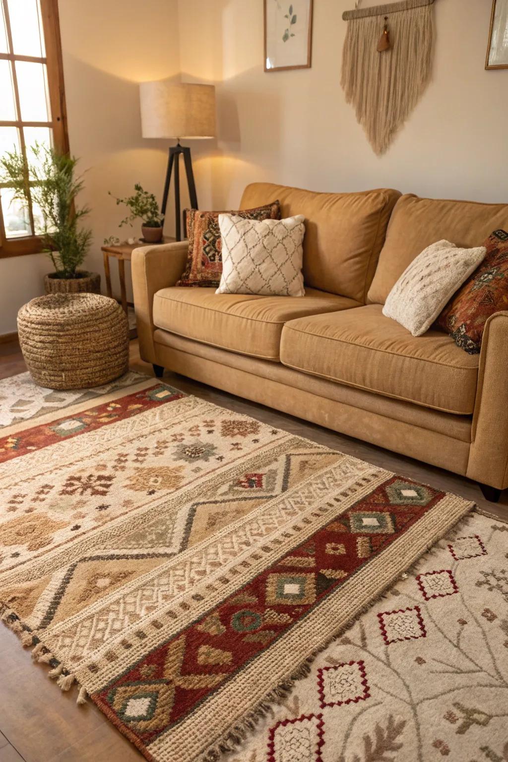 Layered rugs enhance the visual charm of a living room.