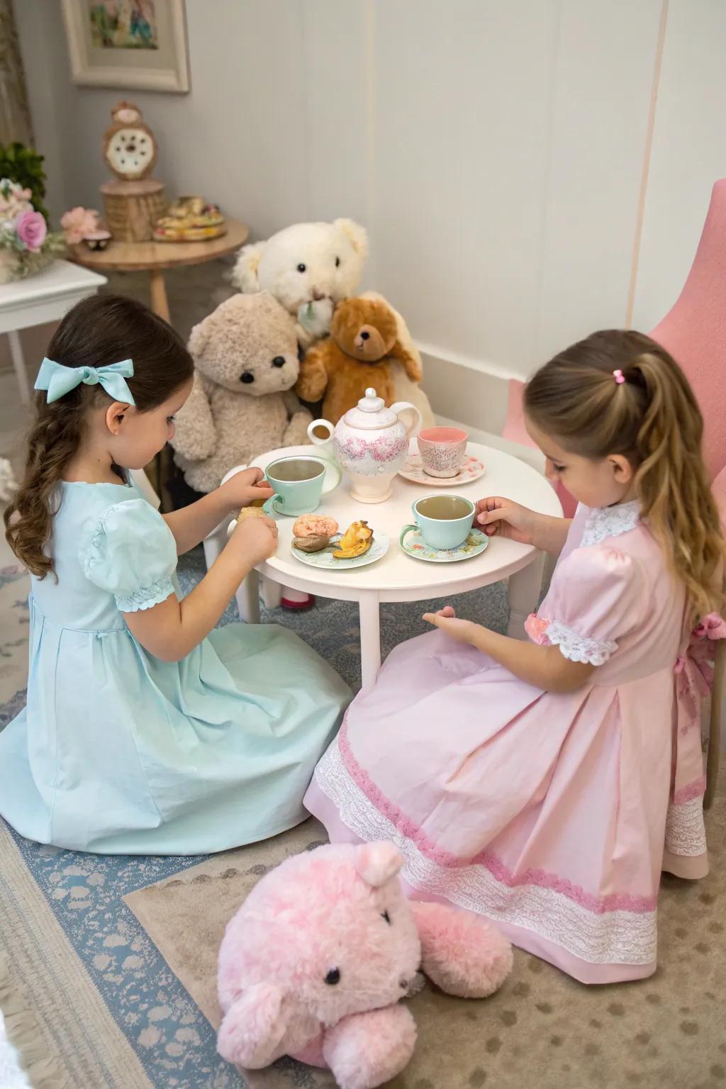 Children clad in pastel attire reveling in a fantastical tea gathering alongside their plush companions.