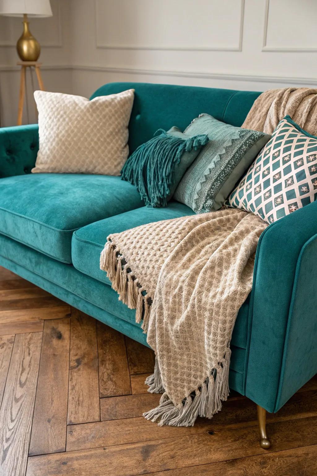 Overlapping tactile elements encircling a cobalt settee cultivates an opulent and inviting space.
