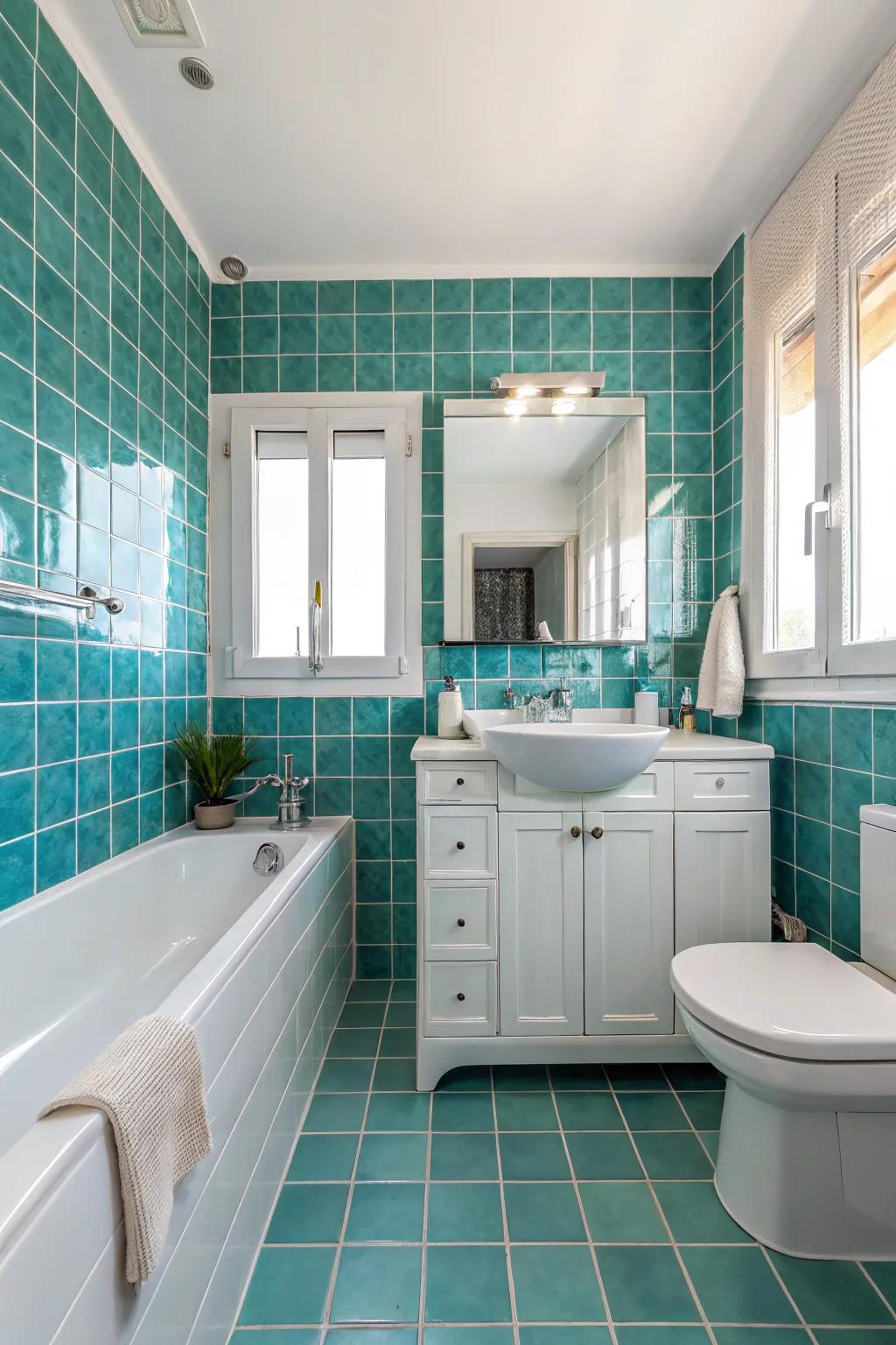 Turquoise and white synergize to fashion a revitalized and spacious sensation.