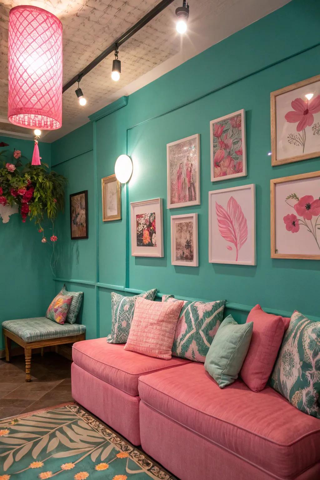 Turquoise walls featuring playful rose highlights for a vibrant space.