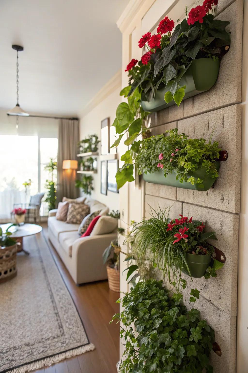 Wall-mounted planters brighten a modular wall with lush greenery.