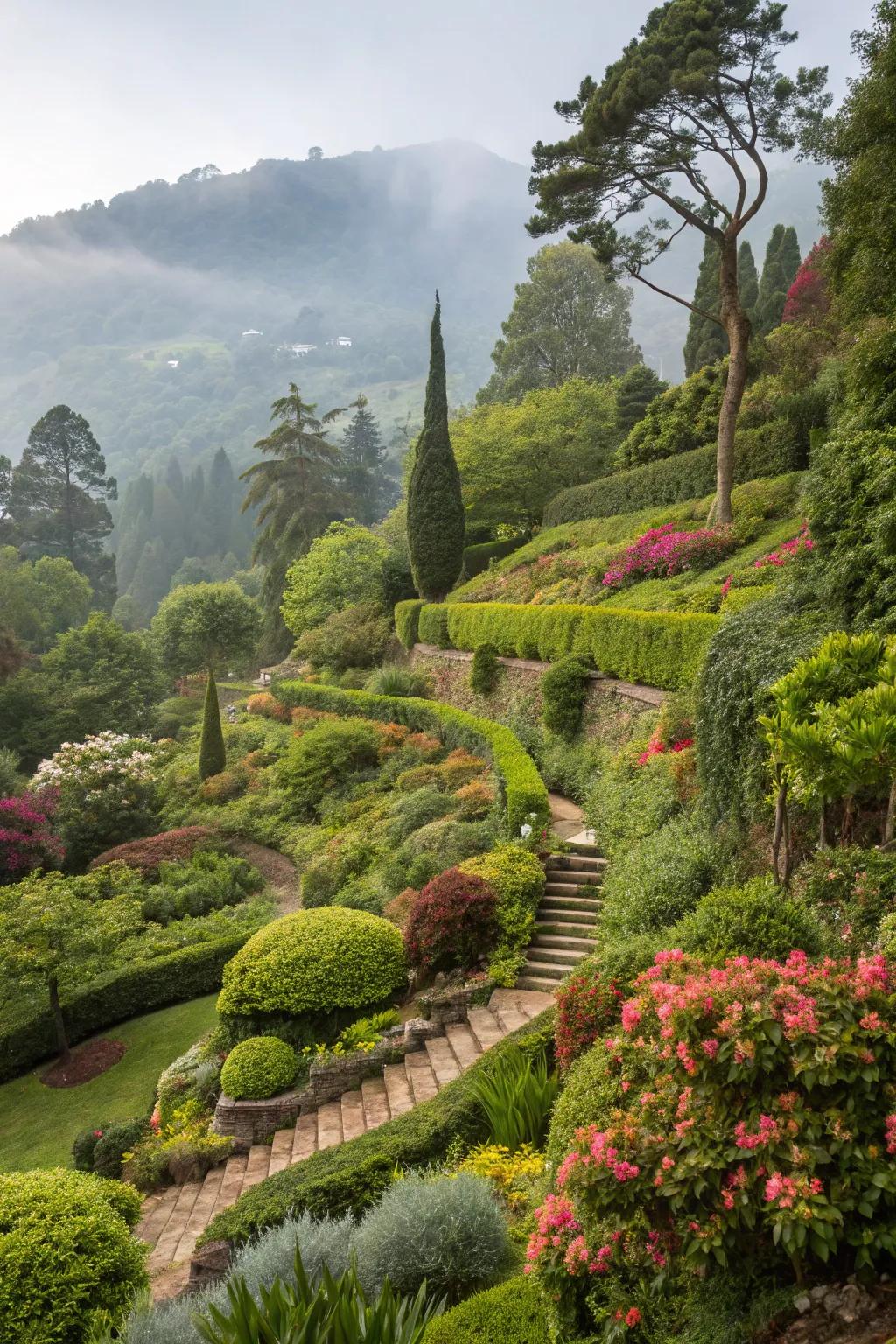 A layered garden lush with verdure, offering a soothing and natural vibe.