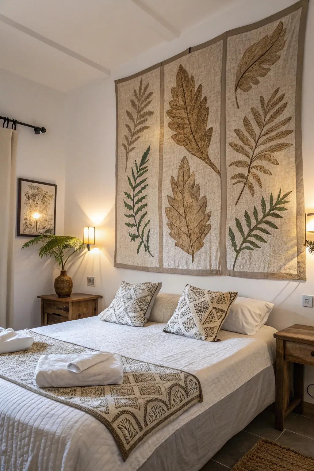 Undeveloped frond designs fashion a calming ambiance in this peaceful boudoir.