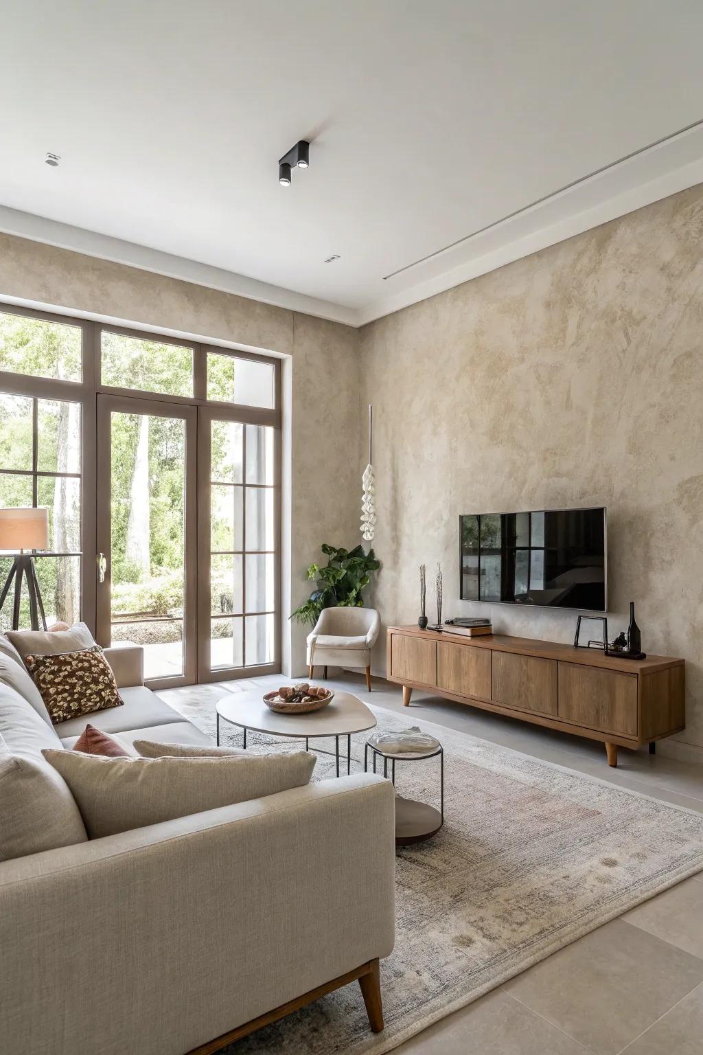 This minimalist living room utilizes gently textured walls, adding to its depth.