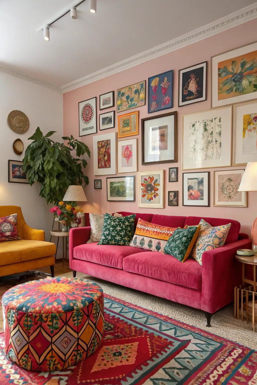 Eclectic lounge featuring lively colors and textures.