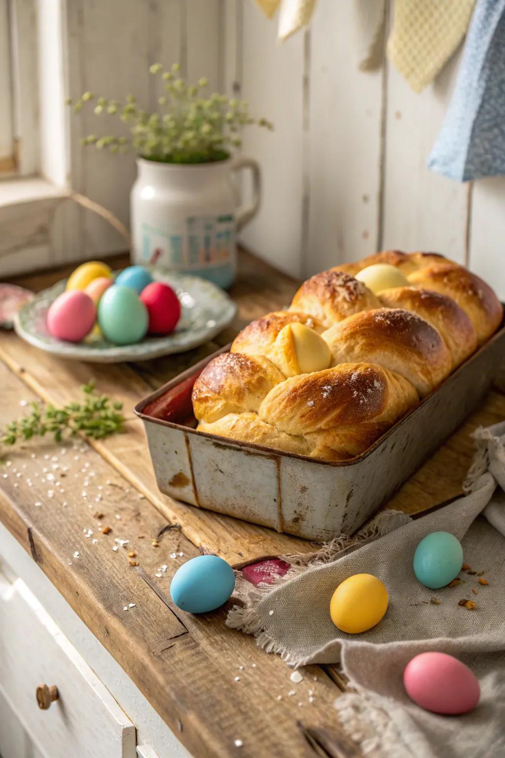 Homemade braided Easter loaf, fresh from the oven.