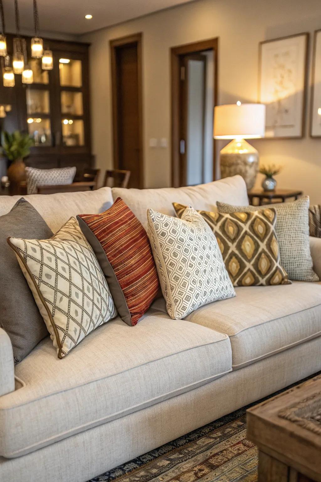 A chic blend of well-balanced and unconventional cushion setups on a contemporary couch.