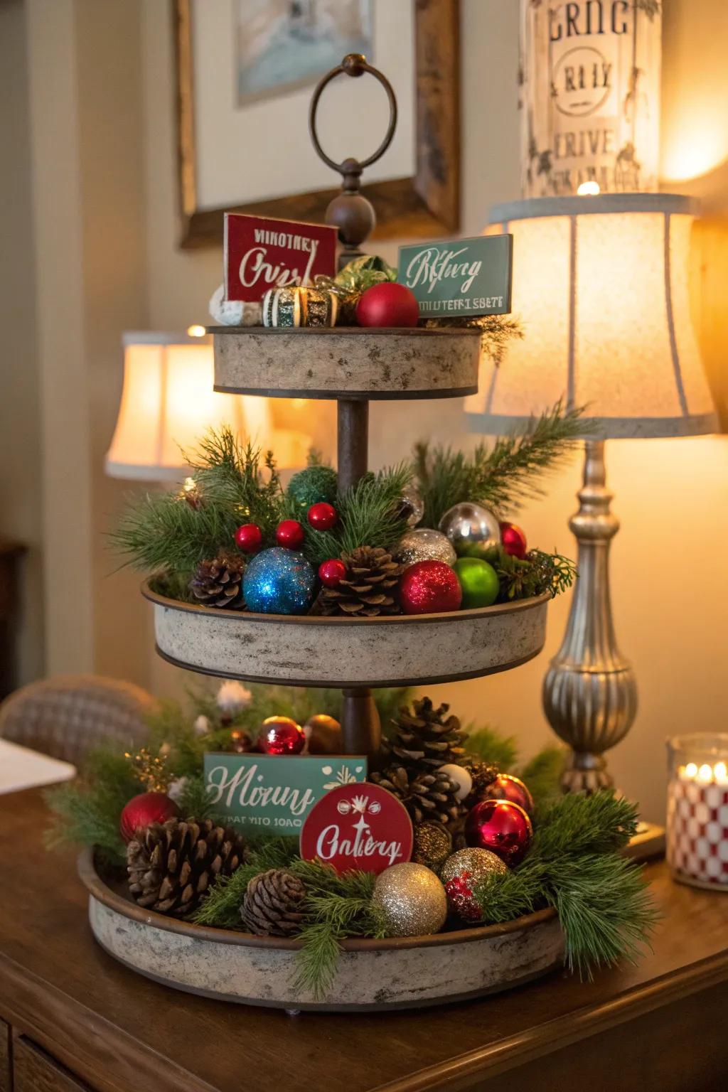 A Yuletide-themed tiered display disseminating holiday cheer.