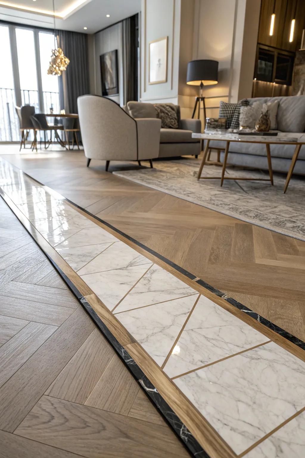 A marble strip gracefully transitions between tile and wood floors.