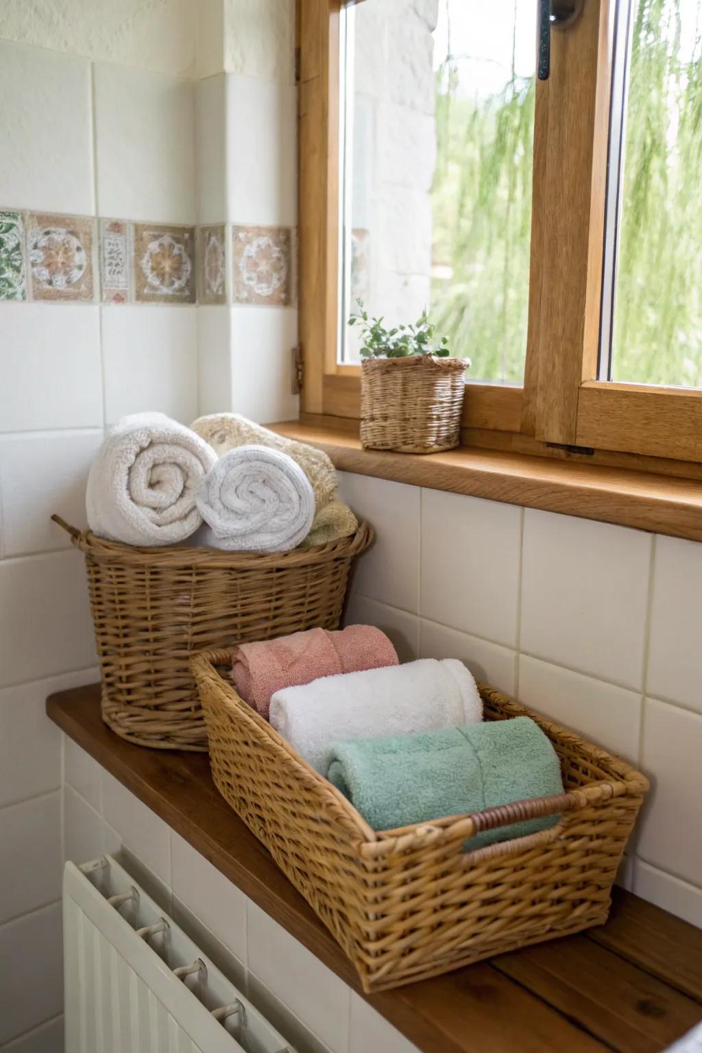 Baskets add a country touch while keeping towels organized and easy to grab.