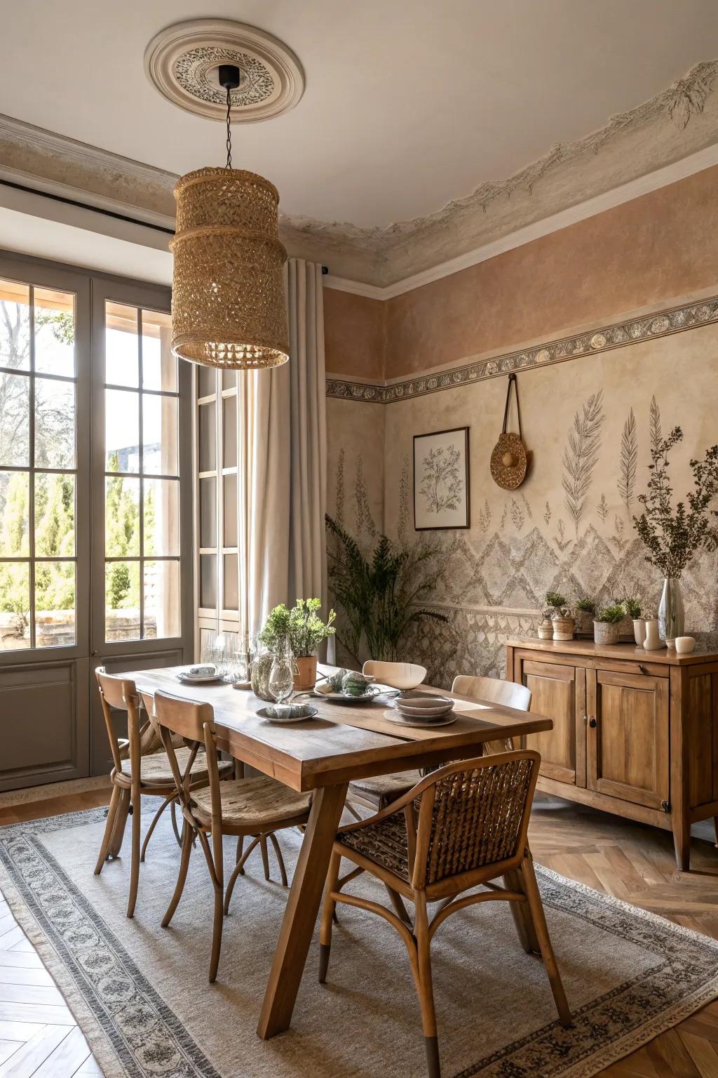 A dining room featuring some mellow earthy tones to give it a balanced look.