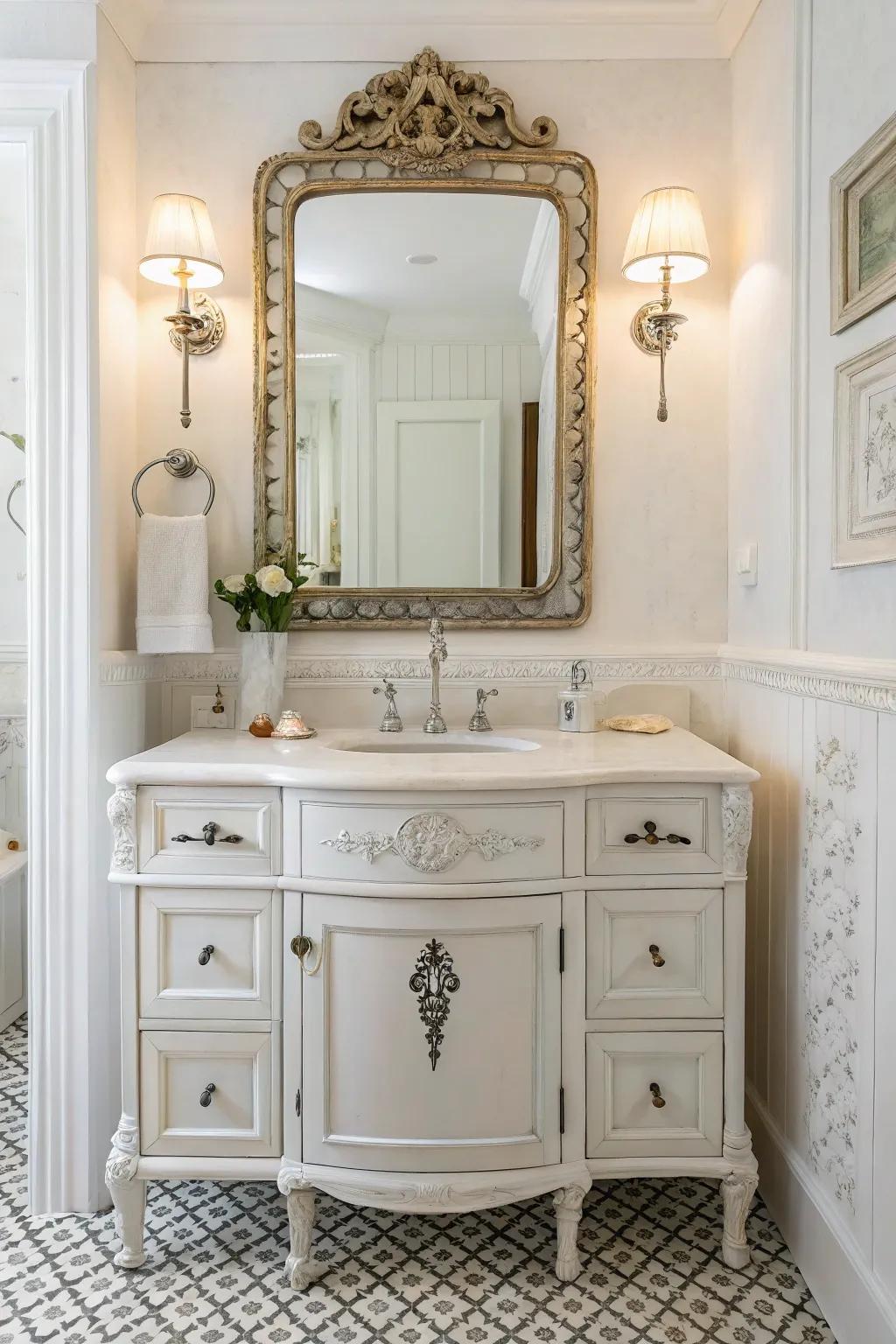 A white bathroom featuring fascinating retro fixtures and an antique vanity.
