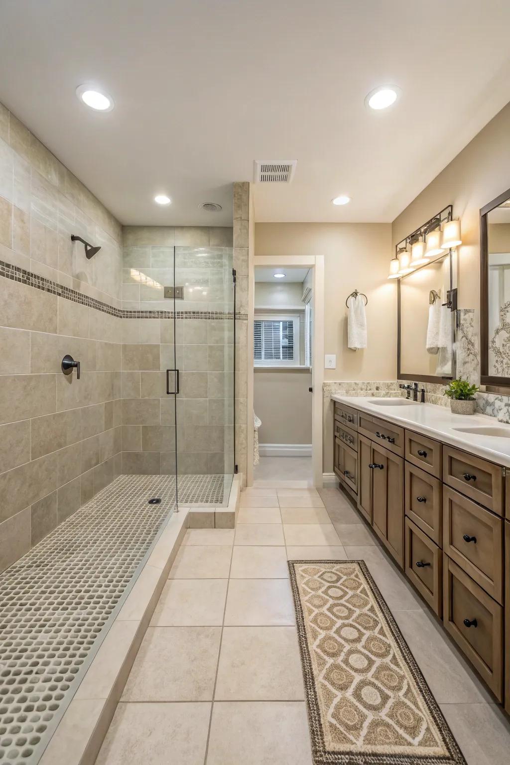 Sustain elegance through bath space tile transitions.