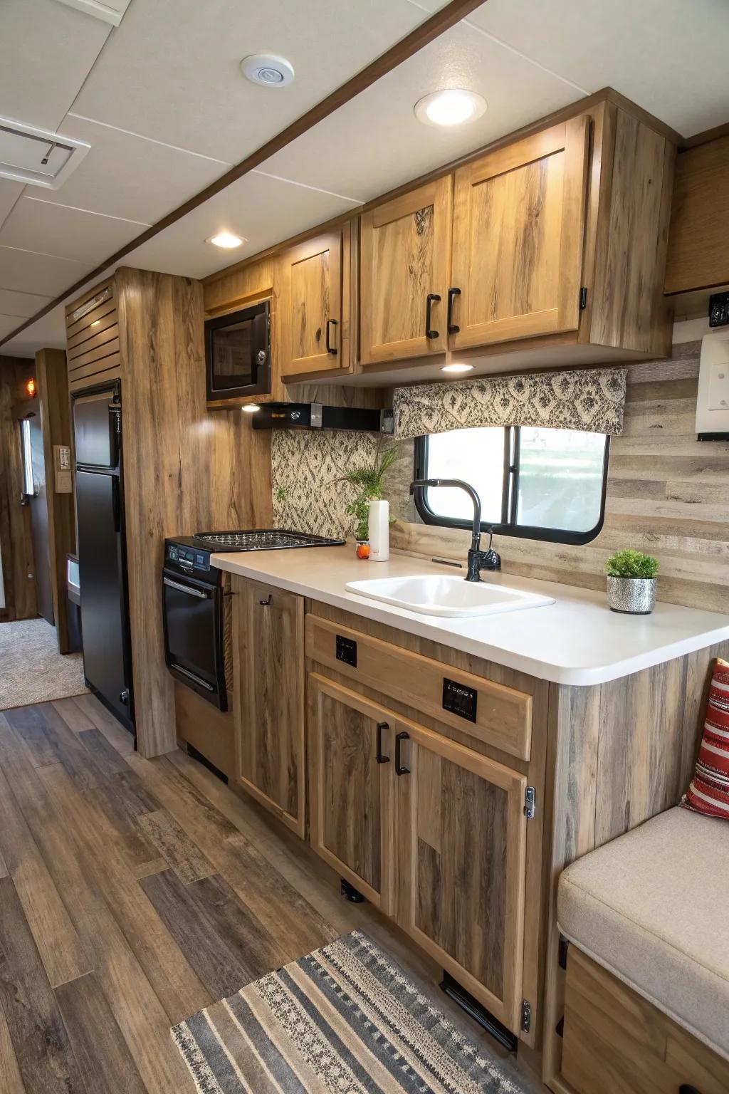 Timber-style squares contribute warmth and a countryside vibe to your RV kitchen.