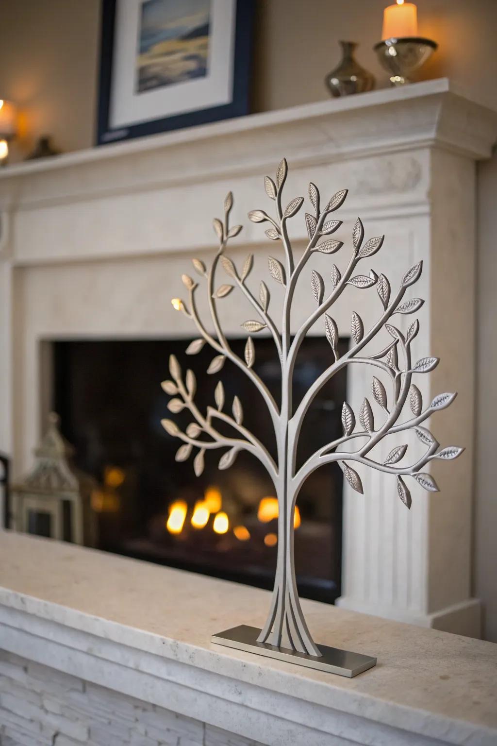 Above a fireplace, there is a minimalist metallic Arbor Vitae branch ornament.